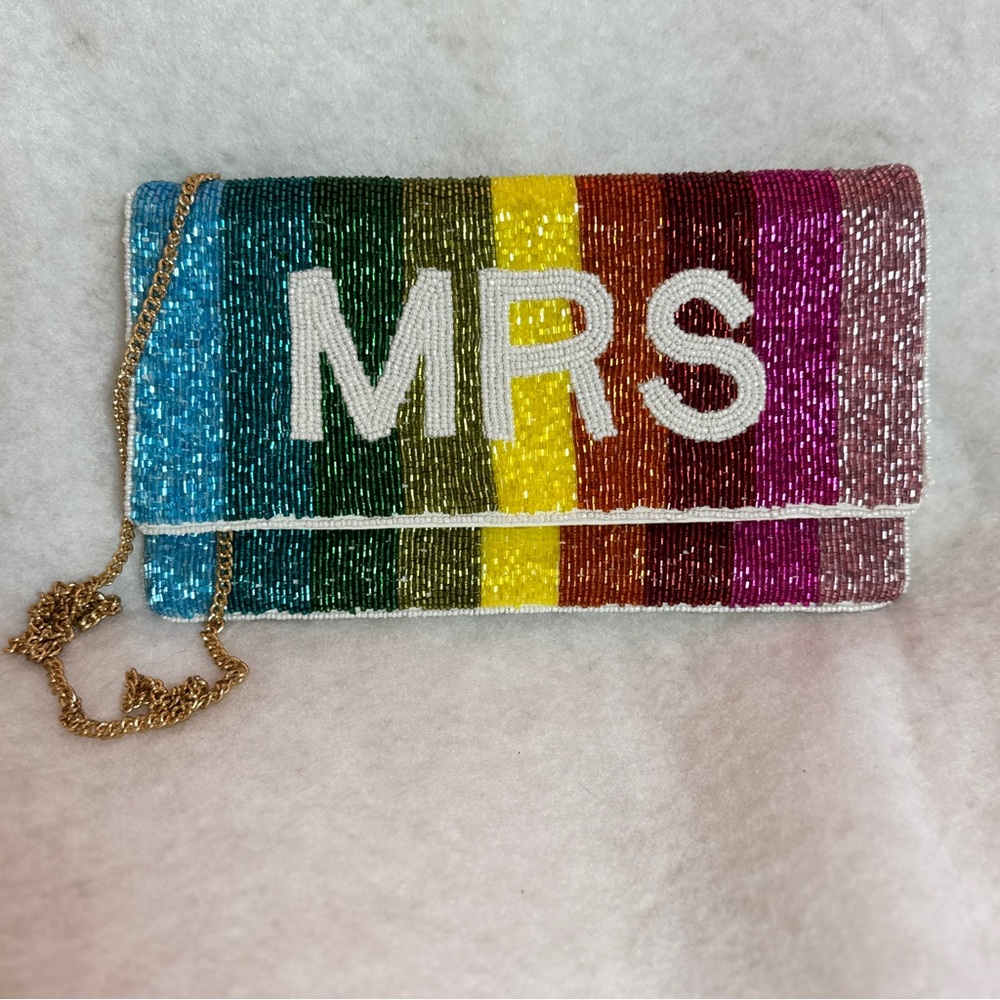 Rainbow Glass Beaded “MRS” Women’s Sparkly clutch/purse Gold Strap,Made in India